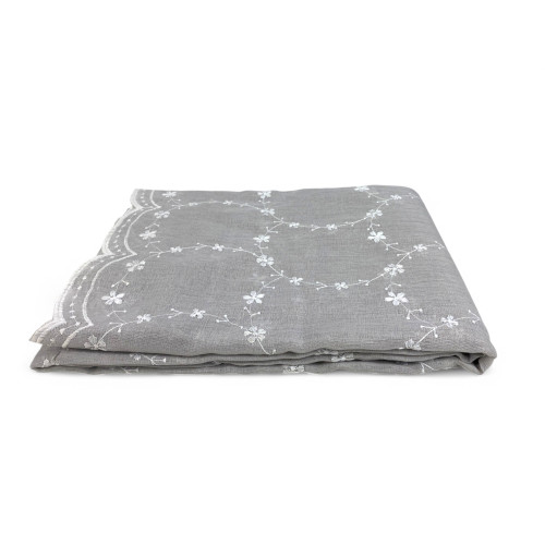 Rideau brodé gris Chantal à fleurs blanches - Polyester semi-transparent 140x280 cm - Avec anneaux en acier