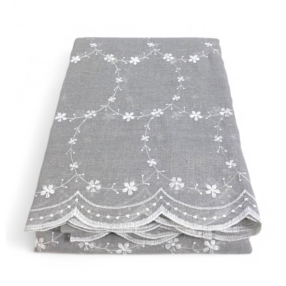 Cortina bordada Chantal Gris con Flores Blancas - Semitransparente 140x280 cm Poliéster - Con Anillas de Acero