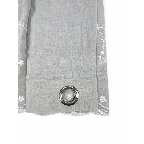 Rideau brodé gris Chantal à fleurs blanches - Polyester semi-transparent 140x280 cm - Avec anneaux en acier