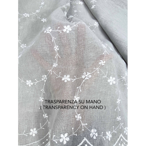 Chantal Grey Embroidered Curtain with White Flowers - Semi-transparent 140x280 cm Polyester - With Steel Rings
