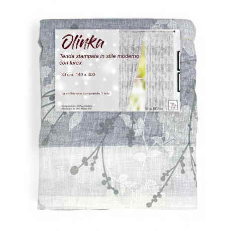 Olinka tent 140x300 cm grey with modern print and lurex, ready to hang.
