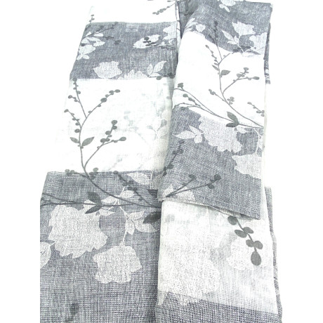 Tienda Olinka 140x300 cm gris con estampado moderno y lúrex, lista para colgar.