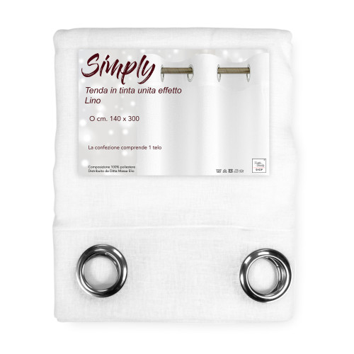 Rideau Simply Linen Effect 140x300 cm Blanc - Solide Semi-Transparent - Polyester avec Anneaux - Style Moderne