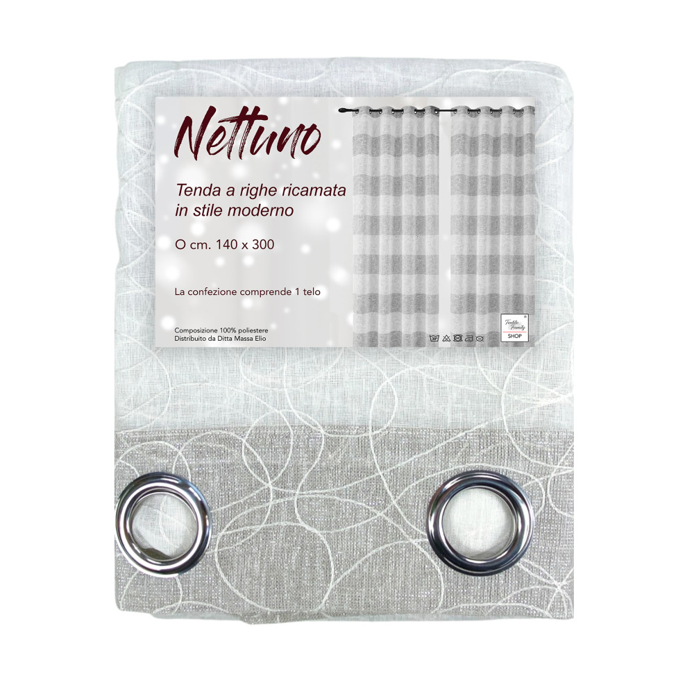 Tenda Nettuno 140x300 cm con motivo a righe ricamate in stile moderno. Tenda Nettuno 140x300 cm con motivo a righe ricamate in stile moderno.