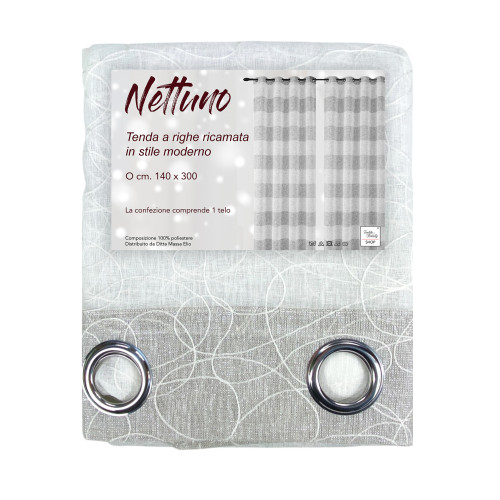 Neptune Bestickter gestreifter Vorhang 140x300 cm Beige mit Lurex - Moderner Stil - Halbtransparentes Polyester mit Ringen