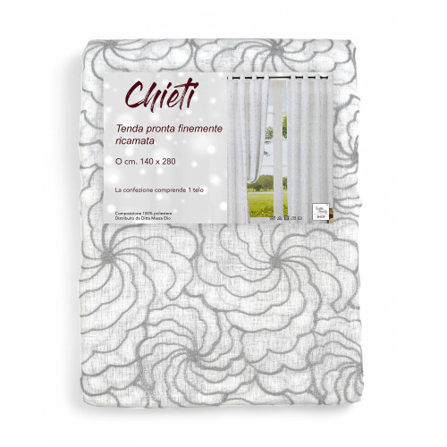 Chieti Embroidered Curtain with Rings - 140x280 cm Grey Fabric - Elegant Floral Pattern, Ready to Use