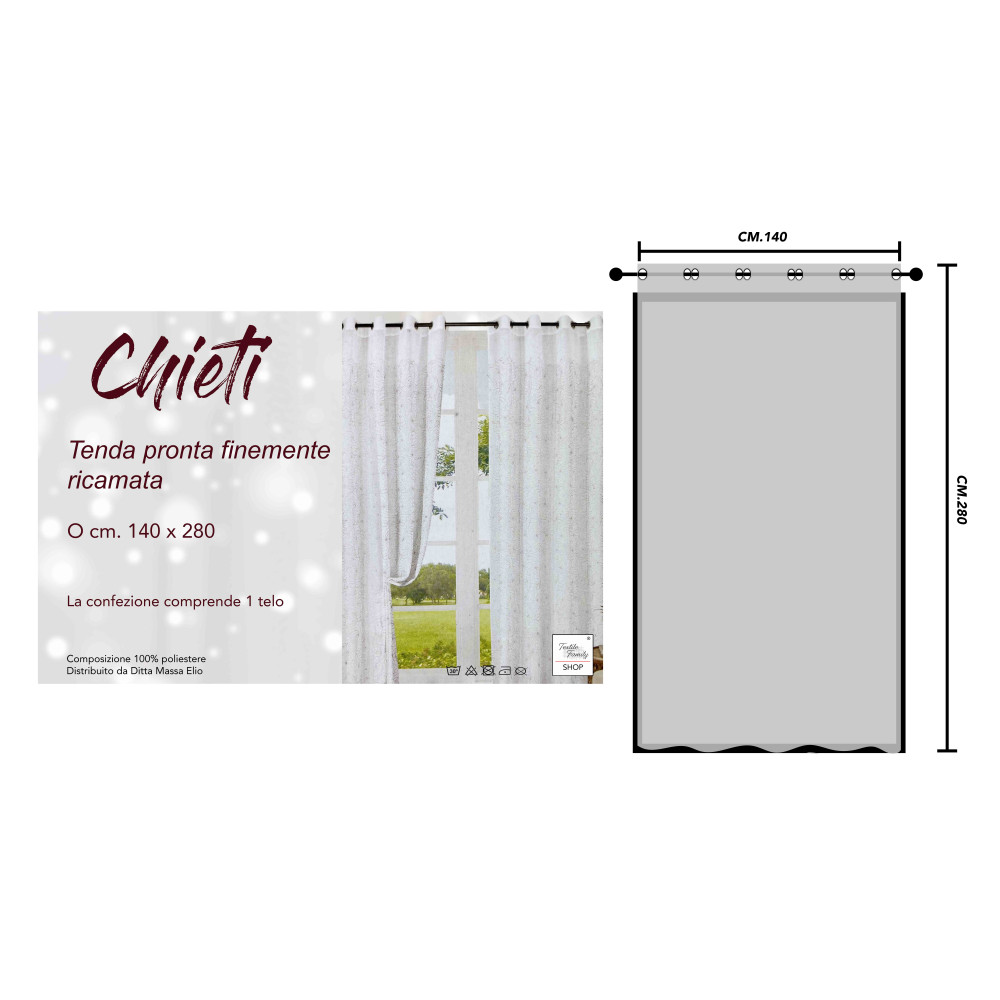 Tenda Chieti Ricamata con Anelli - 140x280 cm Tessuto Grigio - Elegante Motivo Floreale, Pronta all'Uso