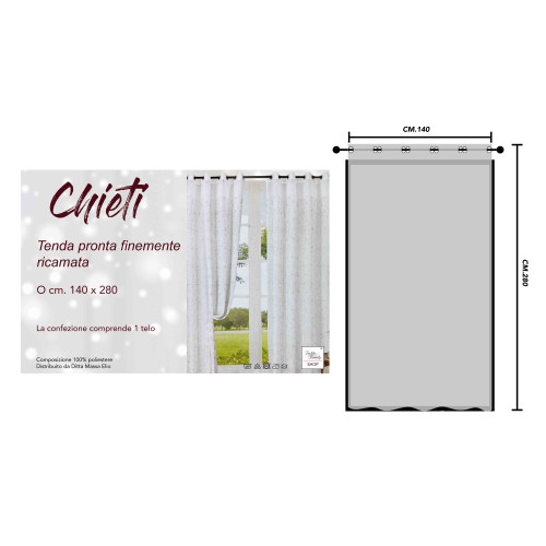 Chieti Bestickter Vorhang mit Ringen - 140x280 cm Grauer Stoff - Elegantes Blumenmuster, gebrauchsfertig