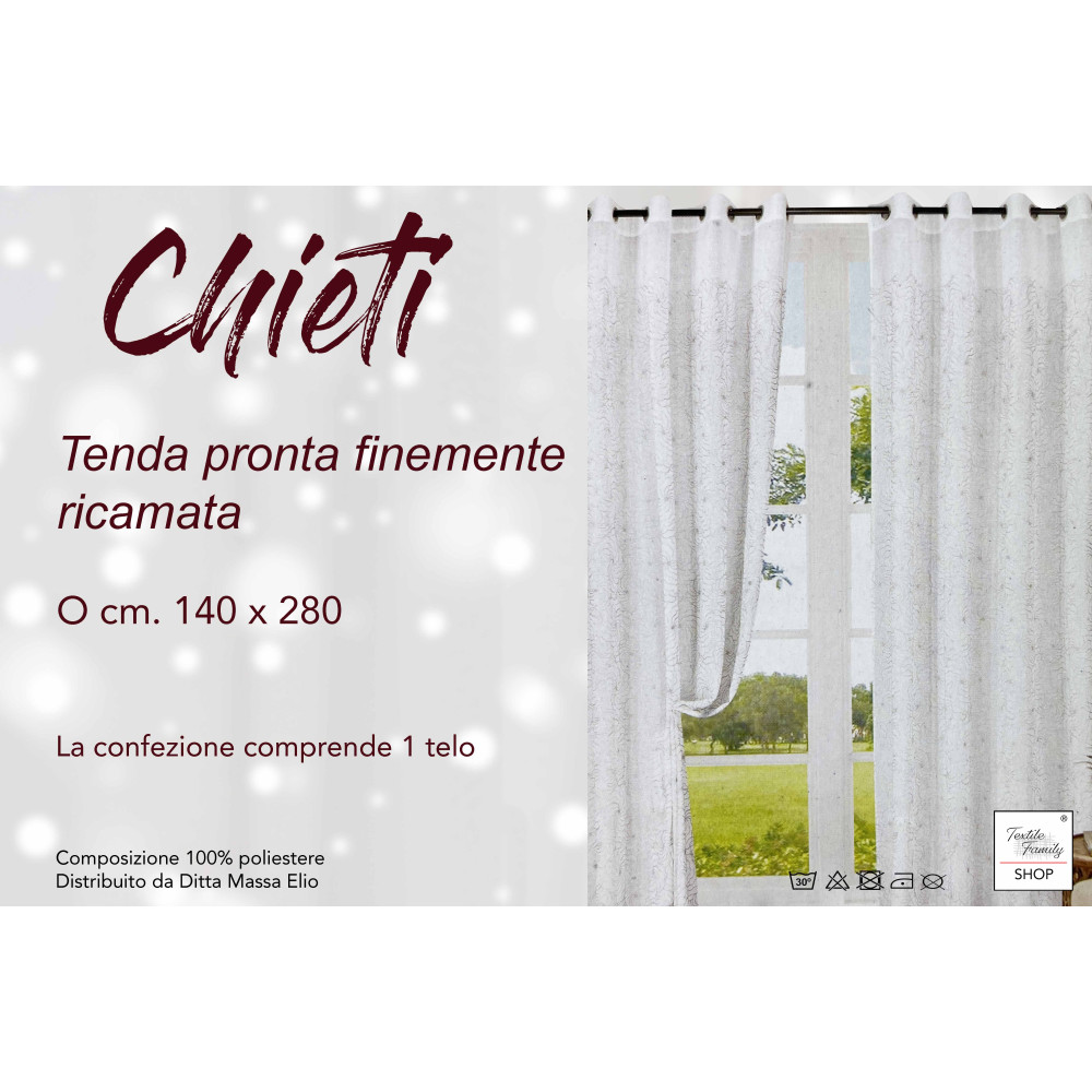 Rideau brodé Chieti avec anneaux - 140x280 cm Tissu gris - Motif floral élégant, prêt à l’emploi
