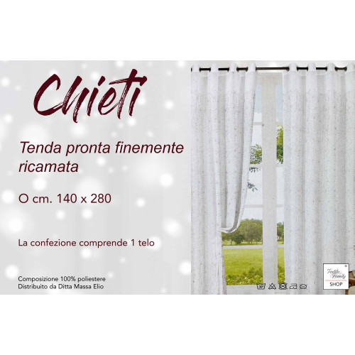 Chieti Embroidered Curtain with Rings - 140x280 cm Grey Fabric - Elegant Floral Pattern, Ready to Use
