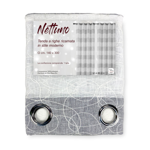 Nettuno Bordado Rayas 140x300 cm Gris con Lúrex - Estilo Moderno - Poliéster Semitransparente con Anillas
