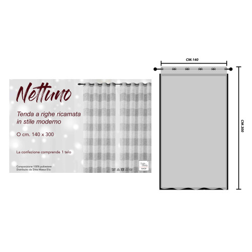 Nettuno Brodé Rayé 140x300 cm Gris avec Lurex - Style Moderne - Polyester semi-transparent avec anneaux