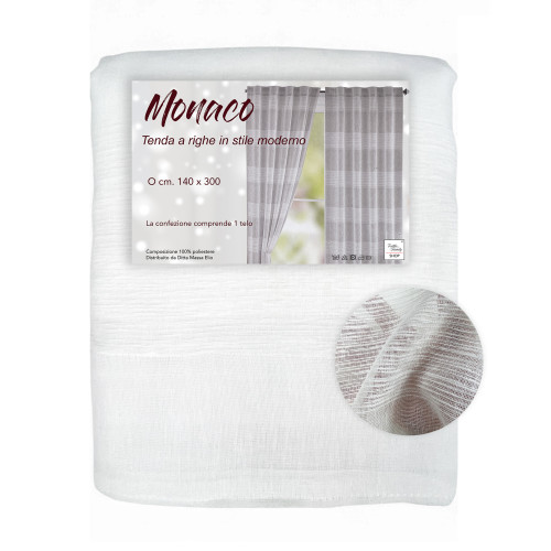 Tenda Monaco bianca 140x300 cm con righe tono su tono e fettuccia