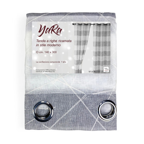 Yara Grey Embroidered Curtain - Modern Panel 140x300 cm Polyester - Linen Effect, Transparent, Metal Eyelets