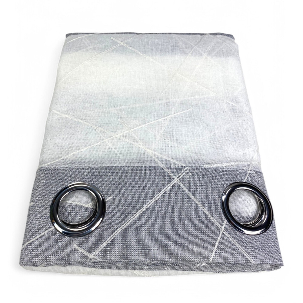 Yara Grey Embroidered Curtain - Modern Panel 140x300 cm Polyester - Linen Effect, Transparent, Metal Eyelets