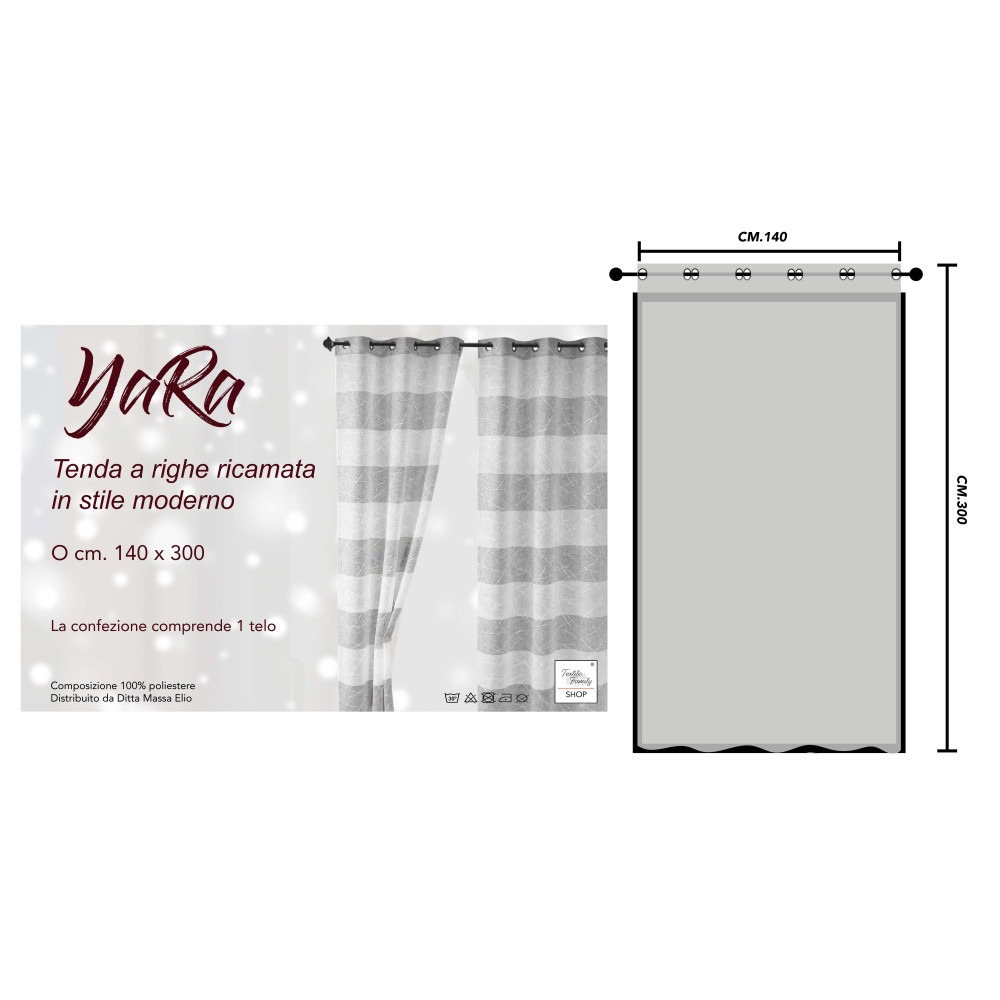 Yara Grey Embroidered Curtain - Modern Panel 140x300 cm Polyester - Linen Effect, Transparent, Metal Eyelets