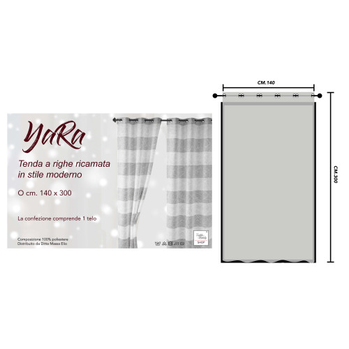 Yara Grey Embroidered Curtain - Modern Panel 140x300 cm Polyester - Linen Effect, Transparent, Metal Eyelets