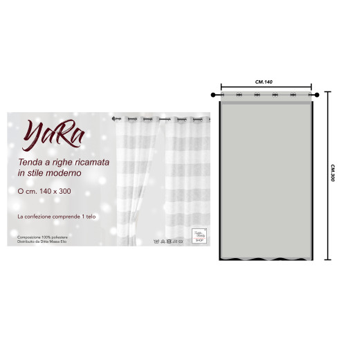 Cortina bordada blanca Yara - Panel moderno 140x300 cm Poliéster - Efecto lino, transparente, ojales metálicos