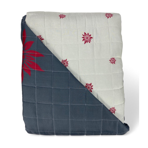 Gesteppte Tagesdecke "Edelweiss" Grau - Weiche Mikrofaser mit rotem Motiv, leichte Wattierung, Made in Italy