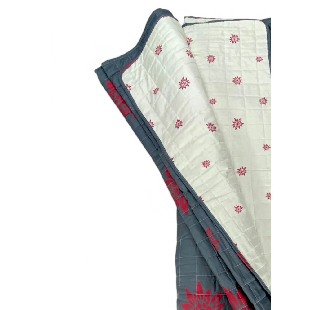 Quilted Bedspread "Edelweiss" Grey - Soft Microfiber with Red Motif, Light Padding, Made in Italy