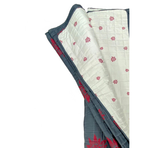Quilted Bedspread "Edelweiss" Grey - Soft Microfiber with Red Motif, Light Padding, Made in Italy