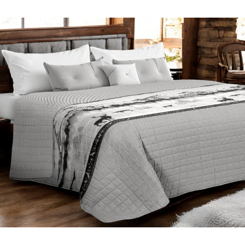 Monte Soglio Grey Quilted Bedspread - Chalet Style with Deer and Forest - Lightweight Microfiber Made in Italy
