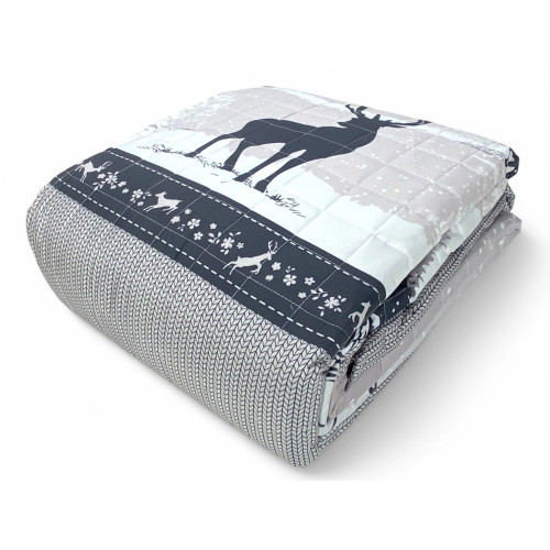 Monte Soglio Grey Quilted Bedspread - Chalet Style with Deer and Forest - Lightweight Microfiber Made in Italy