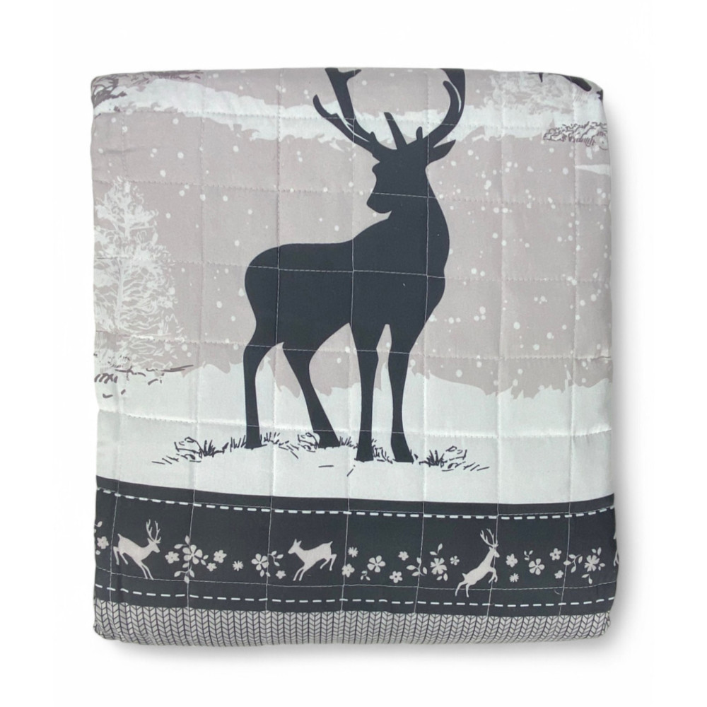 Monte Soglio Grey Quilted Bedspread - Chalet Style with Deer and Forest - Lightweight Microfiber Made in Italy