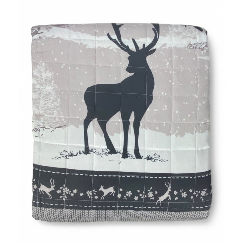 Monte Soglio Grey Quilted Bedspread - Chalet Style with Deer and Forest - Lightweight Microfiber Made in Italy