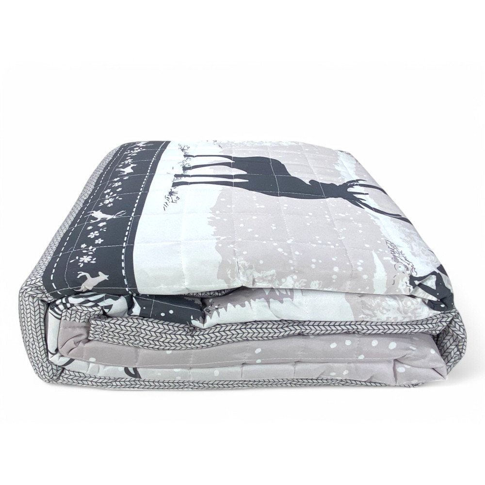 Colcha acolchada Monte Soglio gris - Estilo chalet con ciervo y bosque - Microfibra ligera Made in Italy