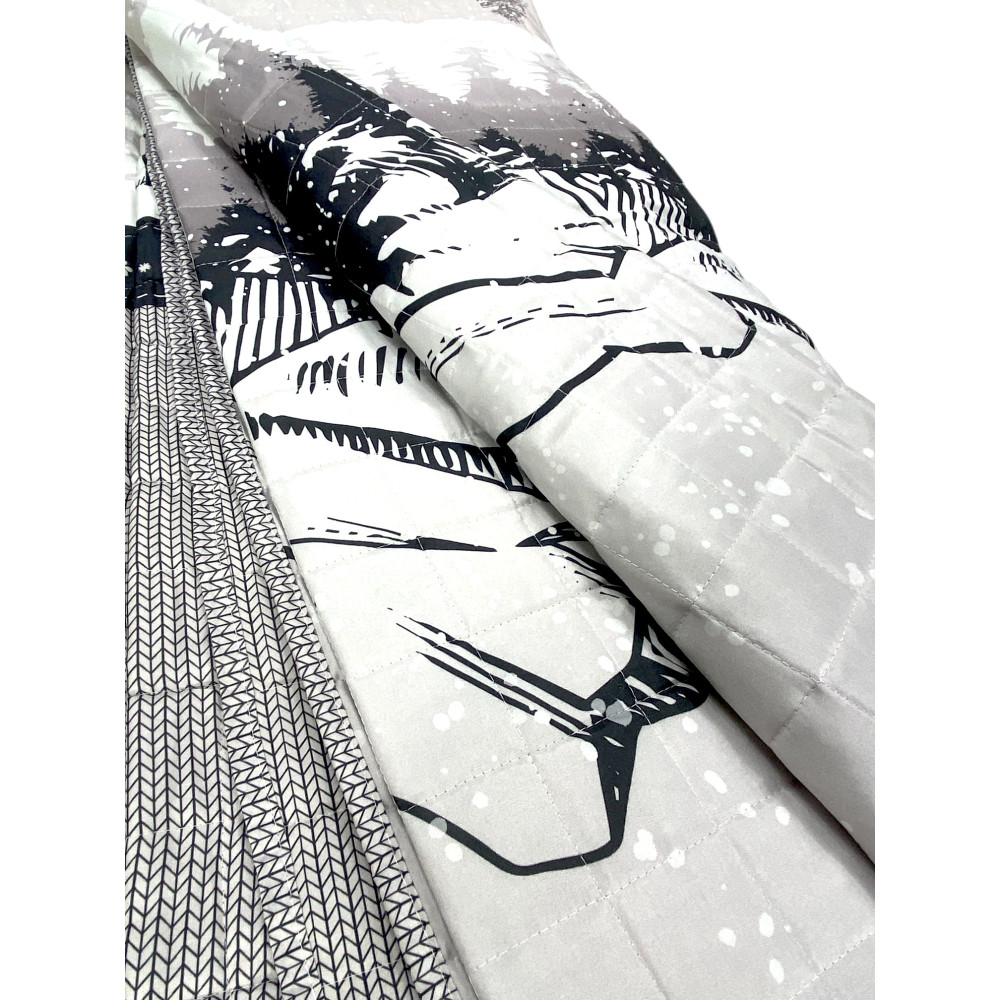 Monte Soglio Grey Quilted Bedspread - Chalet Style with Deer and Forest - Lightweight Microfiber Made in Italy