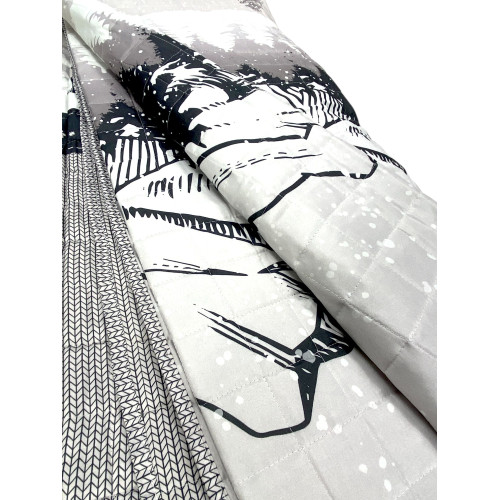 Monte Soglio Grey Quilted Bedspread - Chalet Style with Deer and Forest - Lightweight Microfiber Made in Italy