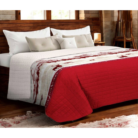Colcha roja Monte Soglio en cama doble con estampado de ciervos