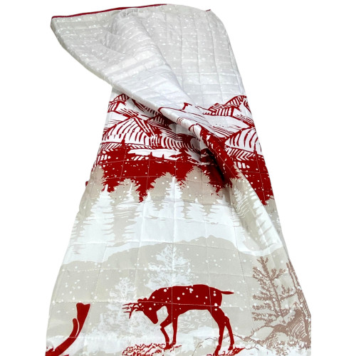 Colcha acolchada roja Monte Soglio - Estilo chalet con ciervo y bosque - Microfibra ligera Made in Italy