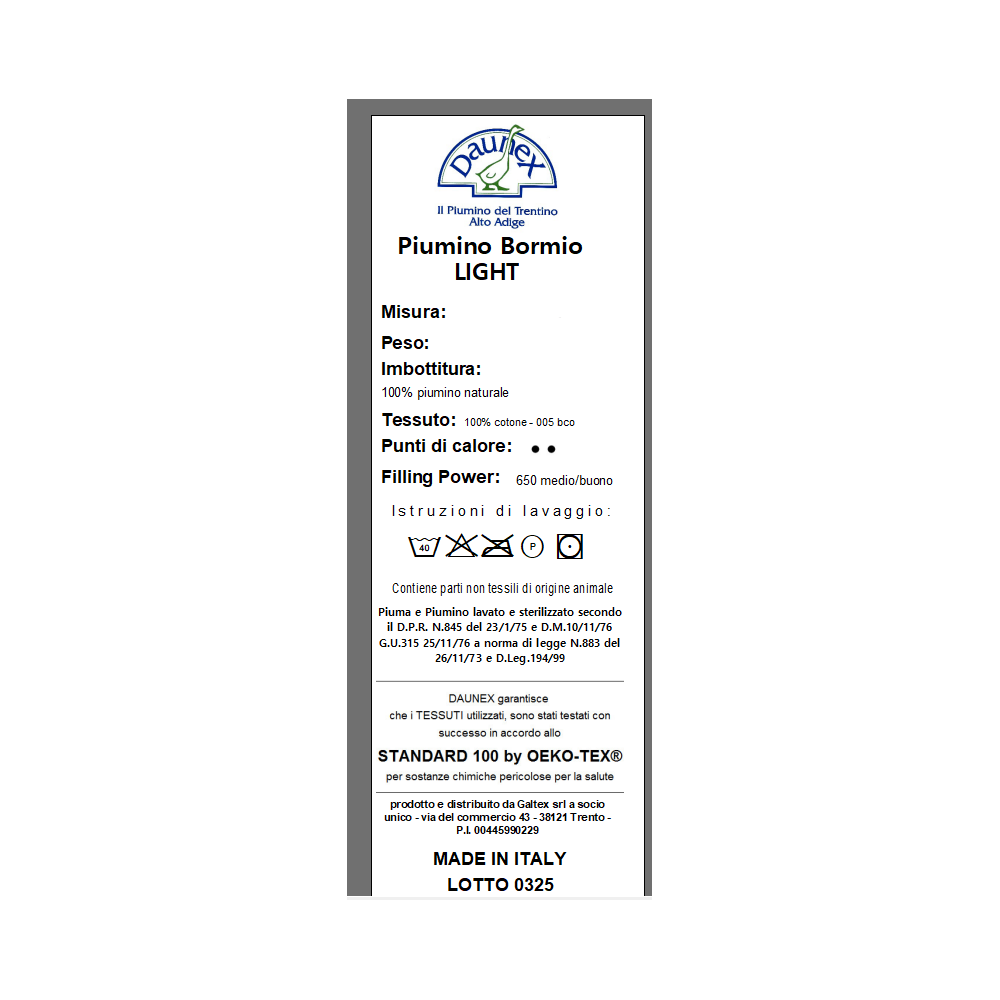 Piumino BORMIO Light by Daunex - Mezza Stagione, 100% Piumino Oca, Cotone Bianco, Filling Power 650, Made in Italy