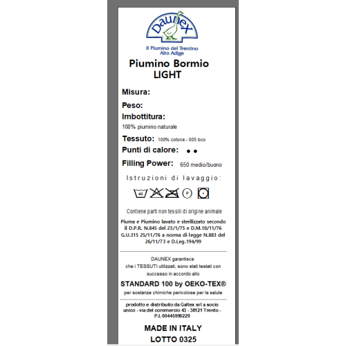 Piumino BORMIO Light by Daunex - Mezza Stagione, 100% Piumino Oca, Cotone Bianco, Filling Power 650, Made in Italy