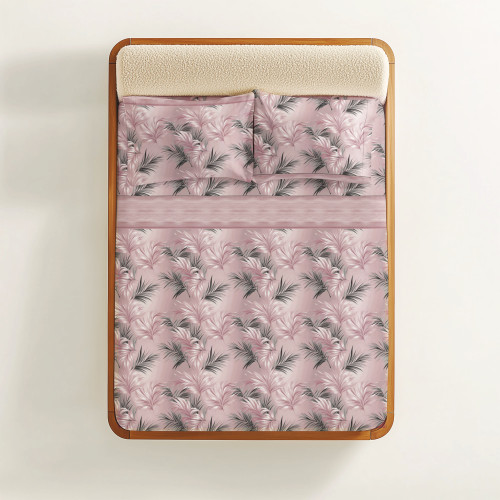 Completo Lenzuola Foglie Rosa - 100% Cotone Naturale - Elegante e Traspirante - Made in Italy, Lavabile