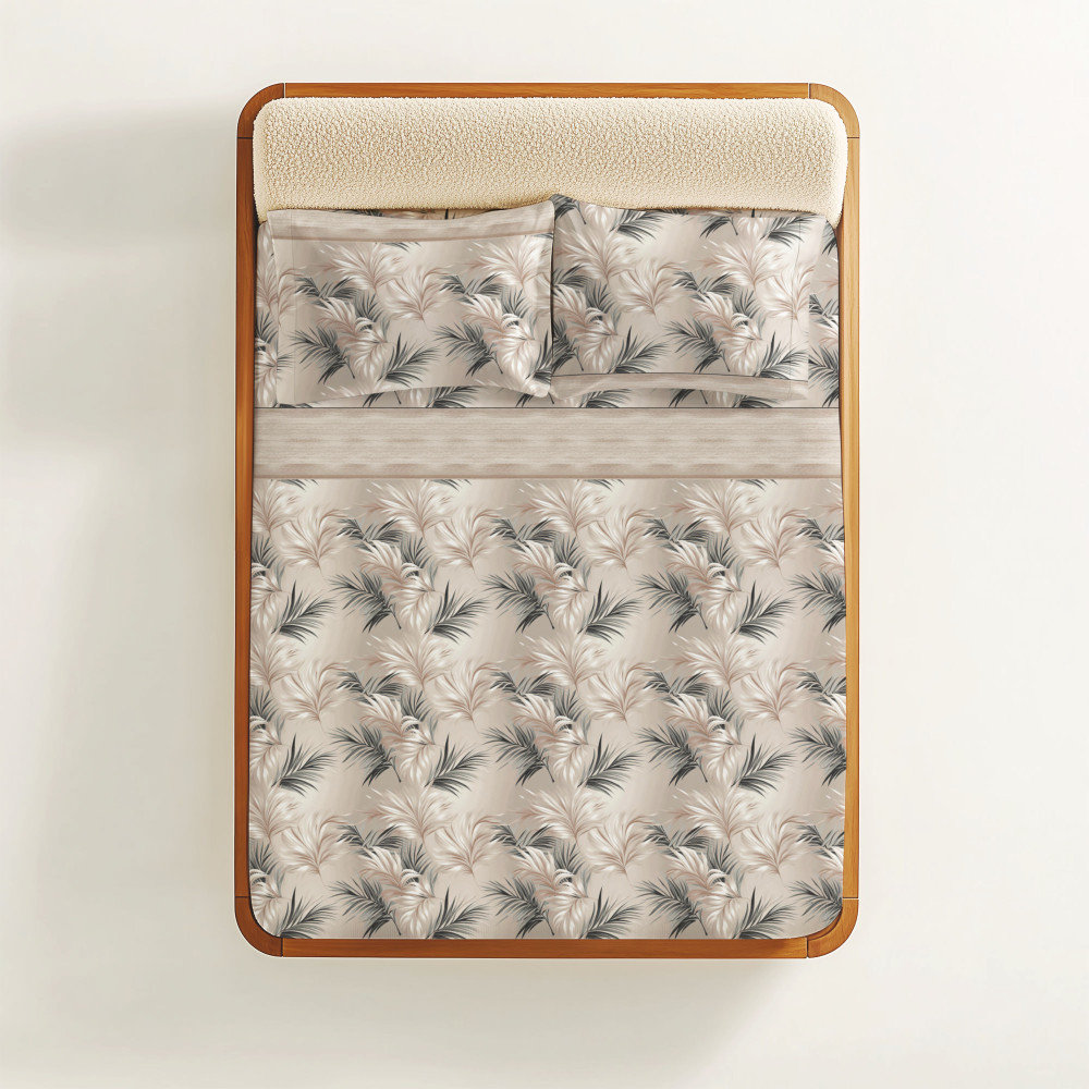 Ensemble de draps feuille beige sable - Linge de lit 100 % coton - Fabriqué en Italie