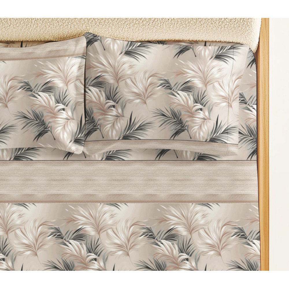 Completo Lenzuola Foglie Beige Sabbia - 100% Cotone - Stampa Naturale Elegante - Made in Italy, Traspirante