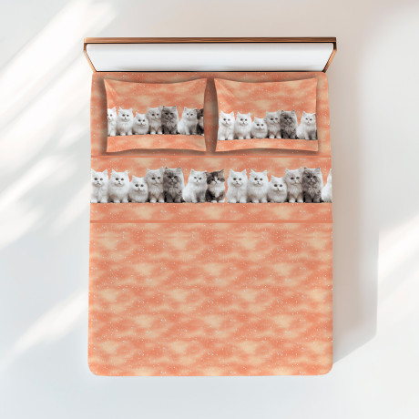 Set de sábanas con estampado de gatito sobre fondo salmón - Algodón natural - Made in Italy