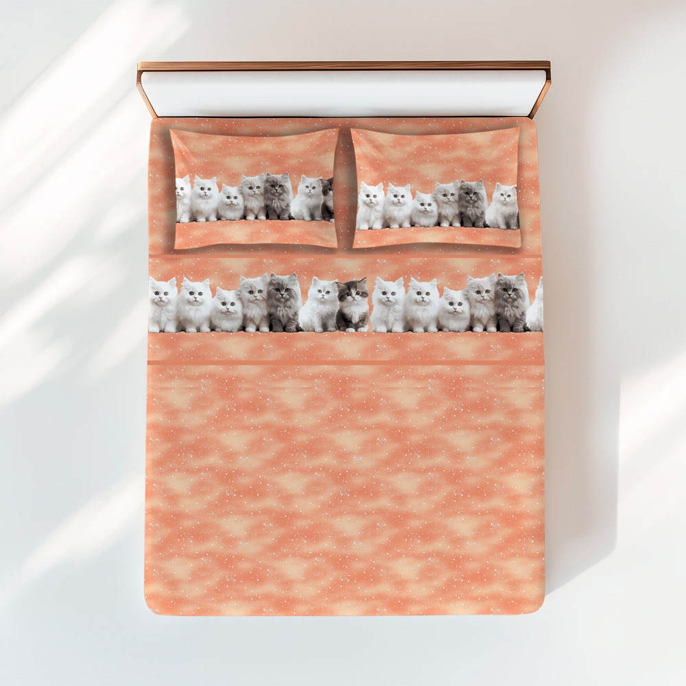 Set de sábanas con estampado de gatito sobre fondo salmón - Algodón natural - Made in Italy
