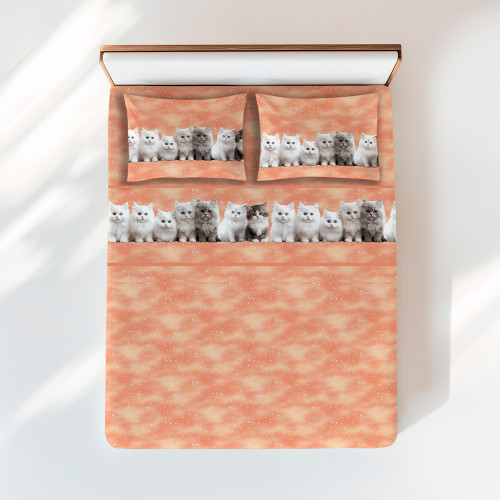 Set de sábanas con estampado de gatito sobre fondo salmón - Algodón natural - Made in Italy