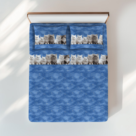 Completo lenzuola gattini blu - Stampa tenera e realistica su cotone - Made in Italy
