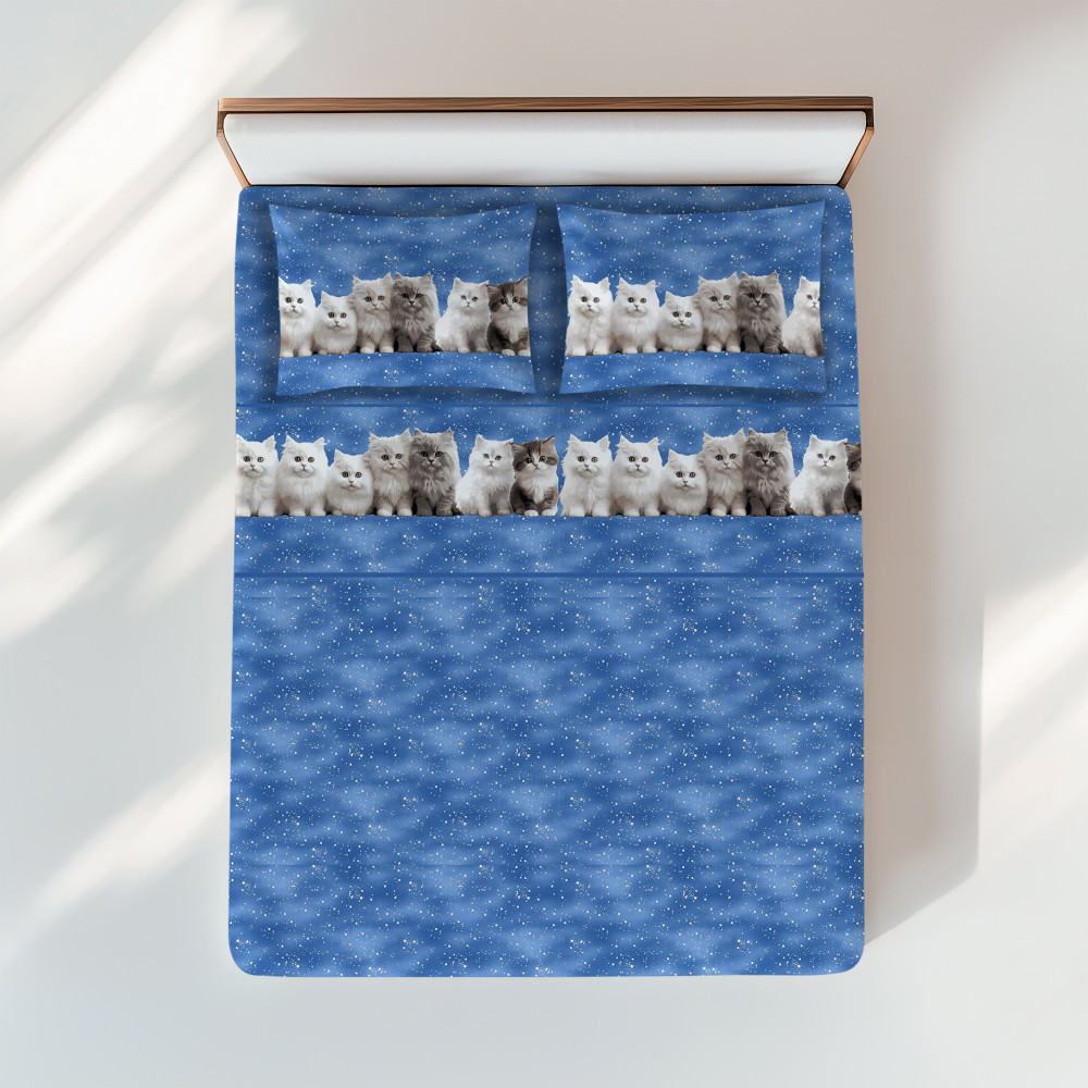 Blaues Kätzchen-Bettwäsche-Set - Zarter und realistischer Druck auf Baumwolle - Made in Italy Blaues Kätzchen-Bettwäsche-Set - Zarter und realistischer Druck auf Baumwolle - Made in Italy