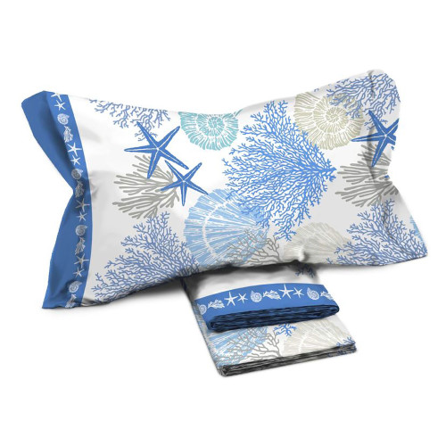 Ensemble de draps de lit double MAXI avec motif corail bleu - 100 % coton