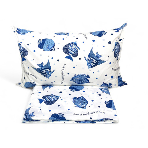Completo Letto Cotone “Com’è Profondo il Mare” - Lenzuola Estive con Pesci Blu - Design Marinaro Made in Italy