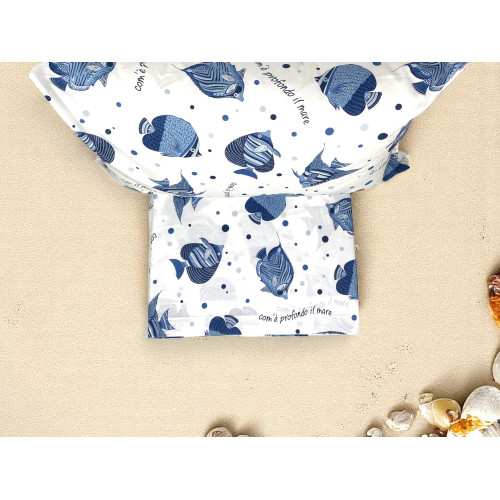 Cotton Bed Set "How Deep is the Sea" - Summer Sheets with Blue Fish - Nautical Design Made in Italy