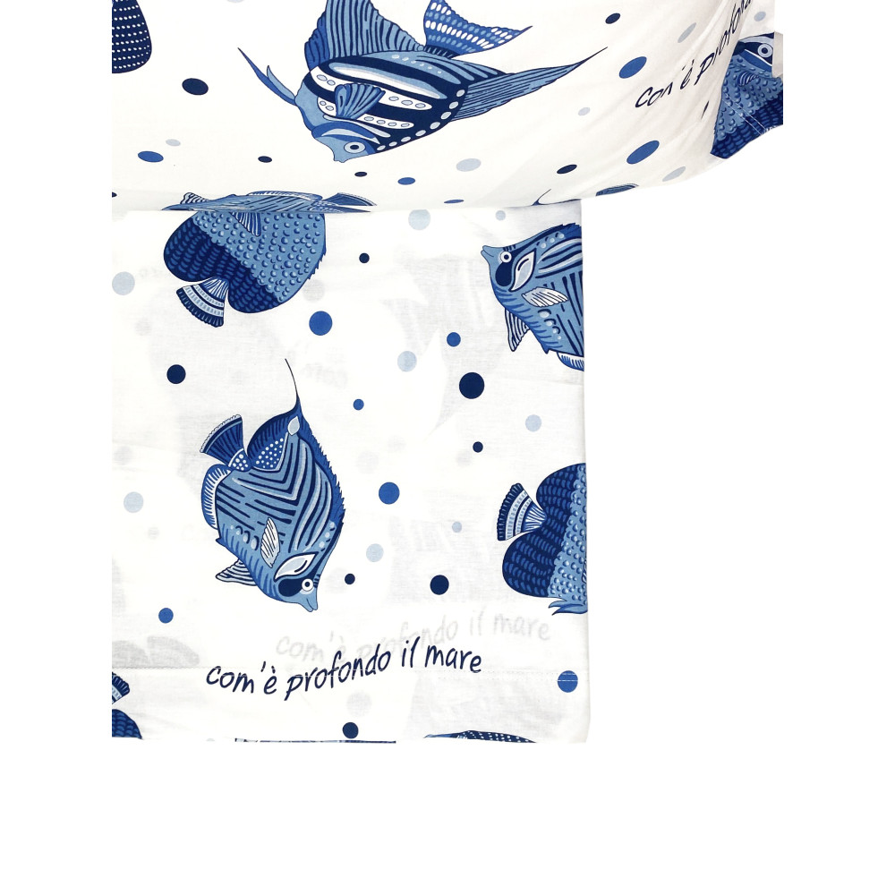 Cotton Bed Set "How Deep is the Sea" - Summer Sheets with Blue Fish - Nautical Design Made in Italy