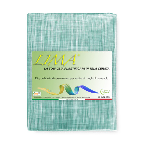 Nappe LIMA Acqua Marina – Vue de face sur la table – Toile cirée plastifiée