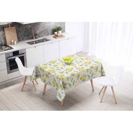 Tovaglia LIMA Mimosa – Vista ambientata in cucina moderna – PVC effetto lino